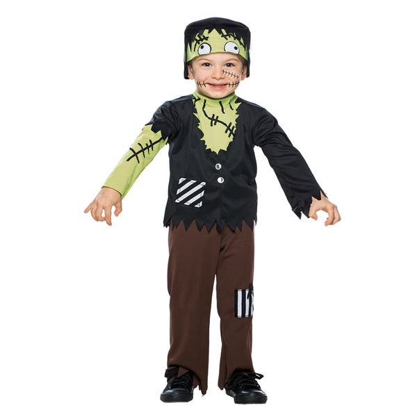 Costume mostriciattolo zombie per bambini disponibile in diverse taglie – con stampa e applicazioni, tessuto jersey elasticizzato, completo con casacca, pantaloni e copricapo - CARNAVAL QUEEN