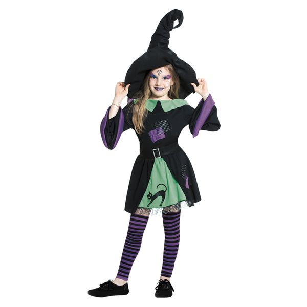 Costume strega bambina con stampa e applicazioni - tessuto jersey elasticizzato, abito, calze senza piede, cappello e cintura con fibia - disponibile in diverse taglie - CARNAVAL QUEEN