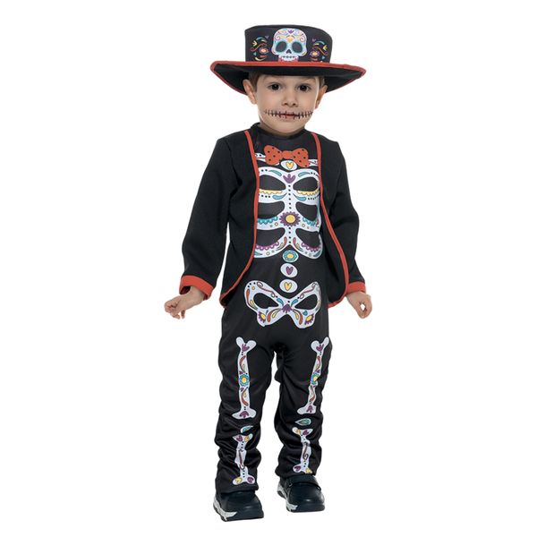 Costume niño catrin per halloween disponibile in diverse taglie - scheletrino messicano dias de los muertos in tessuto elasticizzato con cappello in feltro - CARNAVAL QUEEN
