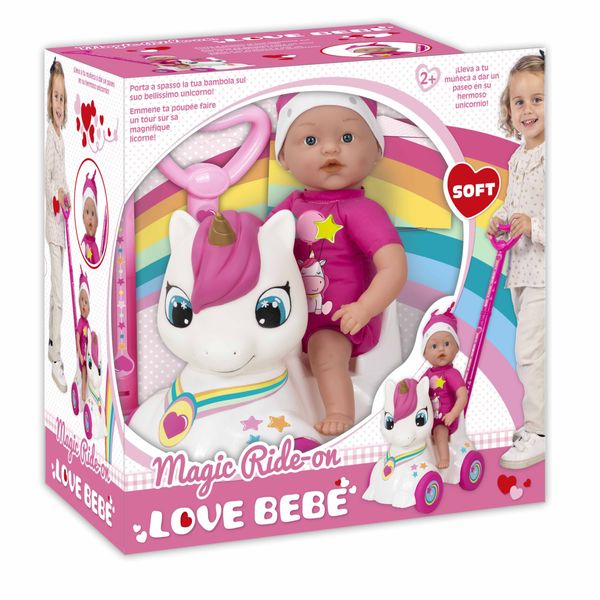 Bambola con cavalcabile unicorno per passeggiate divertenti 37 cm - love bebè - LOVE BEBÈ, SUPERSTAR