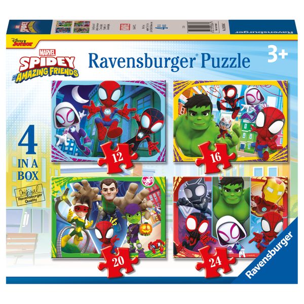 Ravensburger - puzzle spidey, collezione 4 in a box, 4 puzzle da 12-16-20-24 pezzi, età raccomandata 3+ anni - SPIDEY