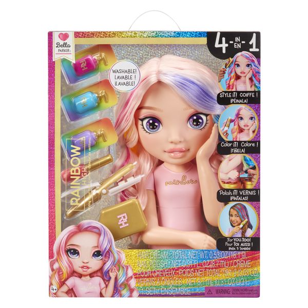 Rainbow high styling head - bella! set gioco 4-in-1 con creme per capelli lavabili, smalto per unghie e accessori per colorare - Rainbow High