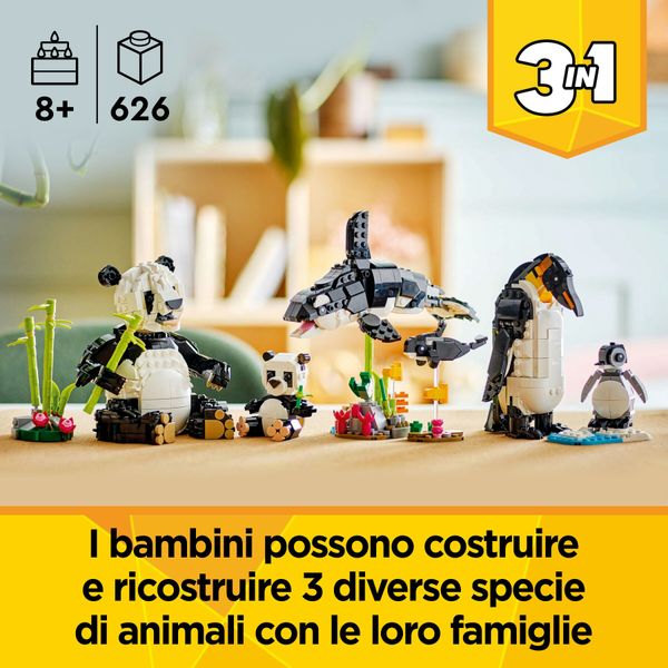 Lego creator 3 in 1 31165 animali selvatici: famiglia di panda giocattolo, si trasforma in pinguino e orca, giochi bambini 8+ - LEGO CREATOR, LEGO