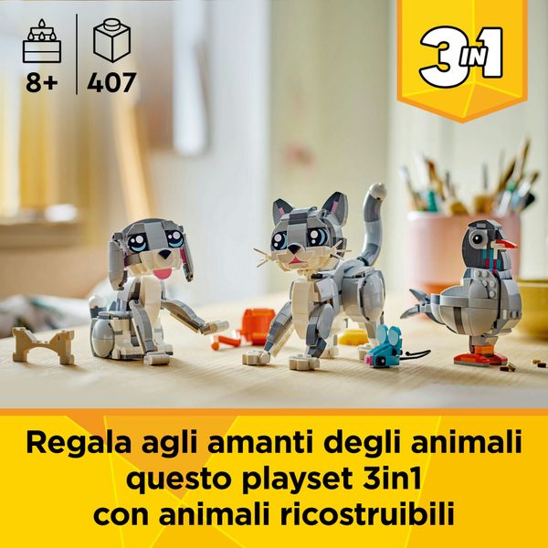 Lego creator 3 in 1 31163 gatto giocoso giocattolo, si trasforma in piccione o in cane - animali da costruire per bambini 8+ - LEGO CREATOR, LEGO