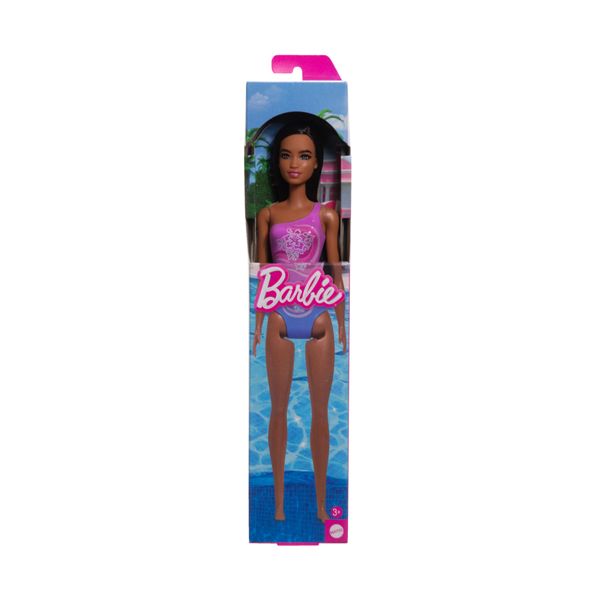 Barbie - barbie beach assortita diversi modelli, bambola con look da mare, costume intero con stampa trendy - Barbie
