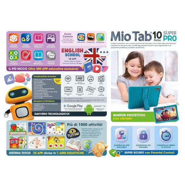 Mio tab 10″ super pro lisciani - tablet educativo per bambini dai 3 agli 8 anni con oltre 300 app, sicurezza parental control e metodo montessori - LISCIANI
