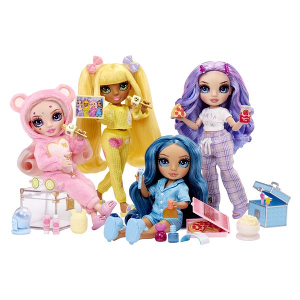 Rainbow high junior high pj party - violet willow - bambola snodata da 22 cm con morbida tutina, pantofole e accessori da gioco - Rainbow High