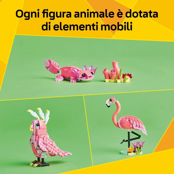Lego creator 3in1 31170 animali selvatici: fenicottero rosa giocattolo, si trasforma in cacatua o in axolotl, giochi bambini8+ - LEGO CREATOR, LEGO