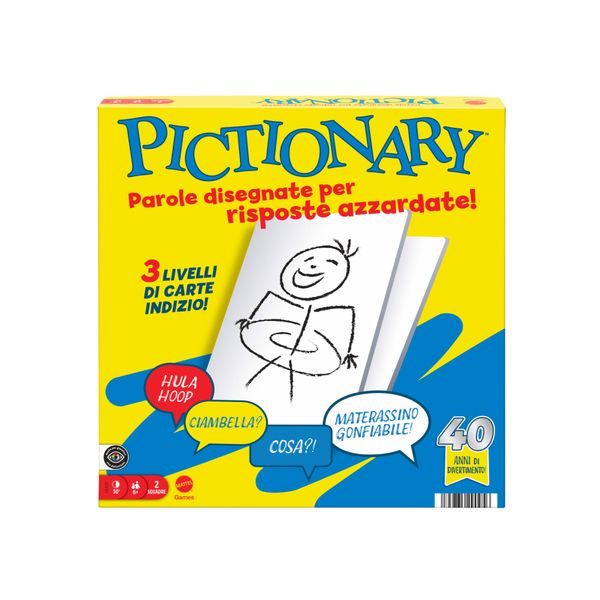 Mattel games - pictionary, con indizi in italiano, pennarelli cancellabili, lavagnette e clessidra - PICTIONARY