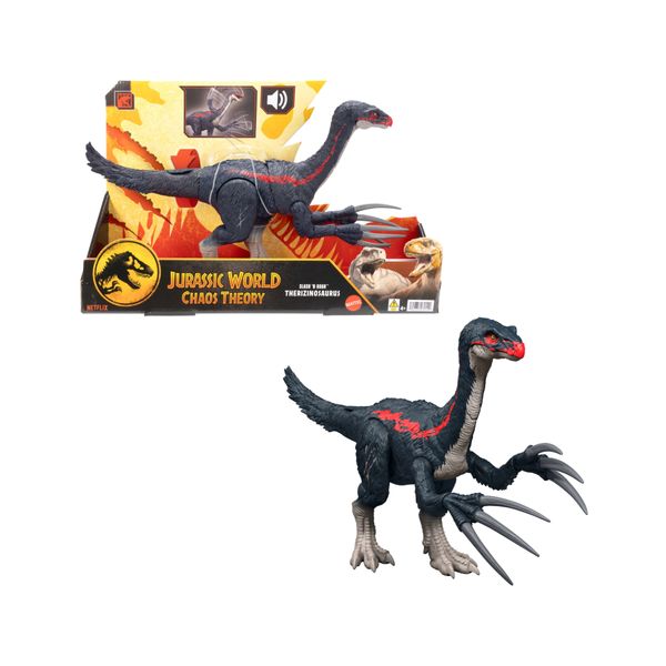 Mattel jurassic world - terizinosauro attacca e ruggisci, dinosauro con azione d'attacco, ruggito ed effetti sonori - Jurassic World