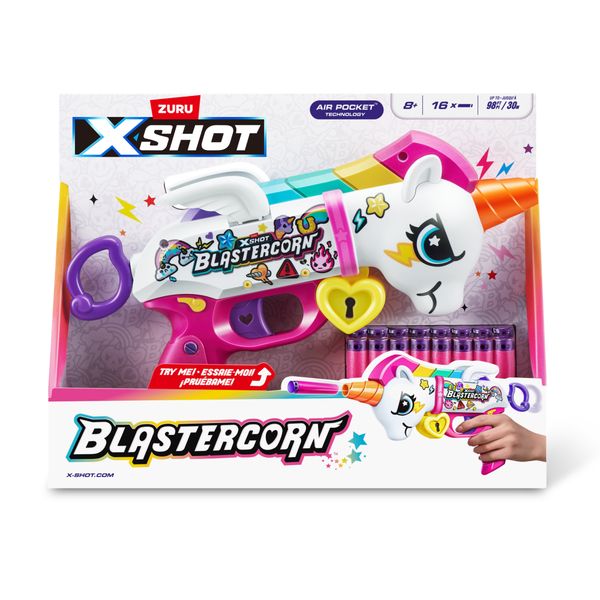 Xshot blastercorn di zuru - blaster con 16 dardi air pocket, storage integrato, giocattolo da esterno per ragazzi, ragazze, adolescenti e adulti - X-SHOT