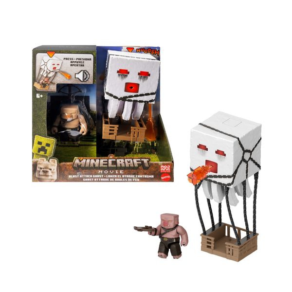 Mattel minecraft - ghast attacco esplosivo, personaggio con luci, suoni, lanciatore e proiettile, piglin guerriero incluso - MINECRAFT
