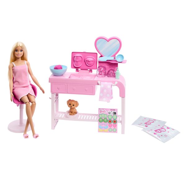 Barbie - maschere per il viso, set con bambola e 10 accessori inclusi, mobile centro benessere, cucciolo, adesivi - Barbie