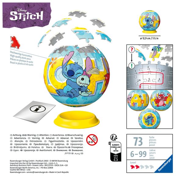 Ravensburger 3d puzzle ball disney stitch - 72 pezzi - puzzle originale 6+ - Disney Stitch