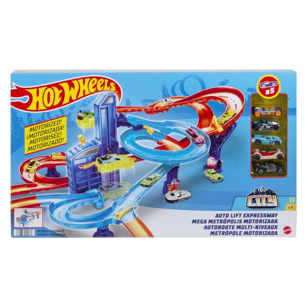 Hot wheels - pista autostrada con ascensore, set motorizzato con luci e suoni, 5 macchinine incluse - Hot Wheels