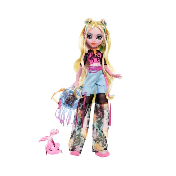 Monster high - lagoona blue, bambola con t-shirt in mesh e pantaloni cargo, pesciolina neptuna e accessori inclusi - Monster High