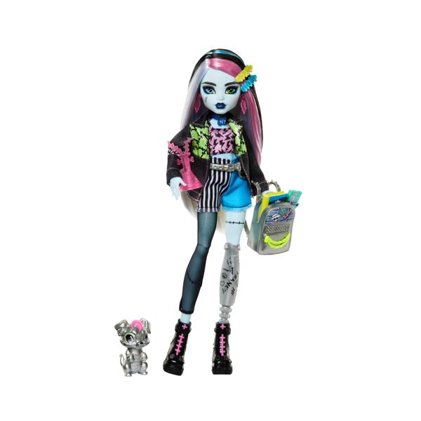 Monster high - frankie stein, bambola con giacca e shorts in denim, cagnolina watzie e accessori - Monster High