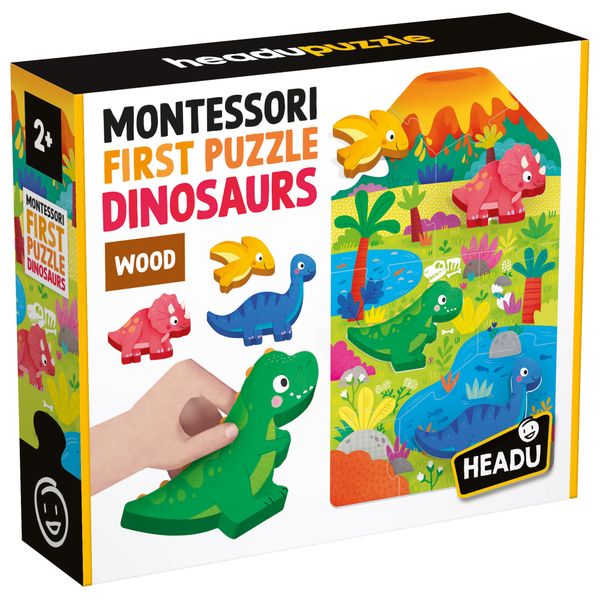 Montessori first puzzle dinosaurs - grandi pezzi e grandi sagome di legno. memoria, forme e colori - HEADU