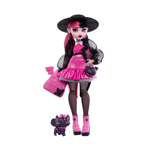Monster high - draculaura, bambola dal look mostruoso con gatto-pipistrello conte favoloso e accessori inclusi - Monster High