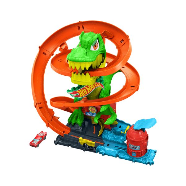Hot wheels city - t-rex battaglia infuocata, pista stazione dei pompieri con dinosauro occhi rotanti e camion - Hot Wheels