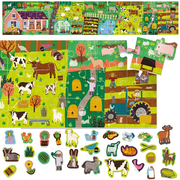Puzzle + stickers the farm - un puzzle lungo da completare con gli stickers! memoria, forme e colori - HEADU