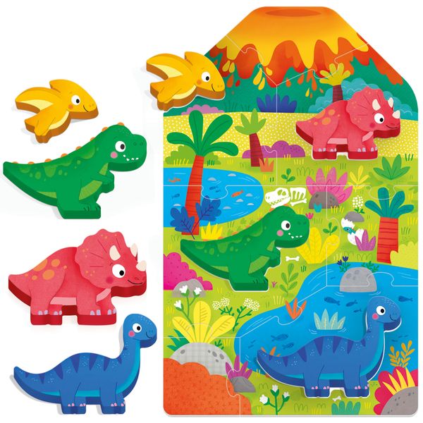 Montessori first puzzle dinosaurs - grandi pezzi e grandi sagome di legno. memoria, forme e colori - HEADU
