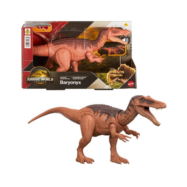Mattel jurassic world la rinascita - baryonyx ruggito selvaggio, dinosauro snodato con suoni, ruggito e attacco multidirezionale azionato con la coda - Jurassic World