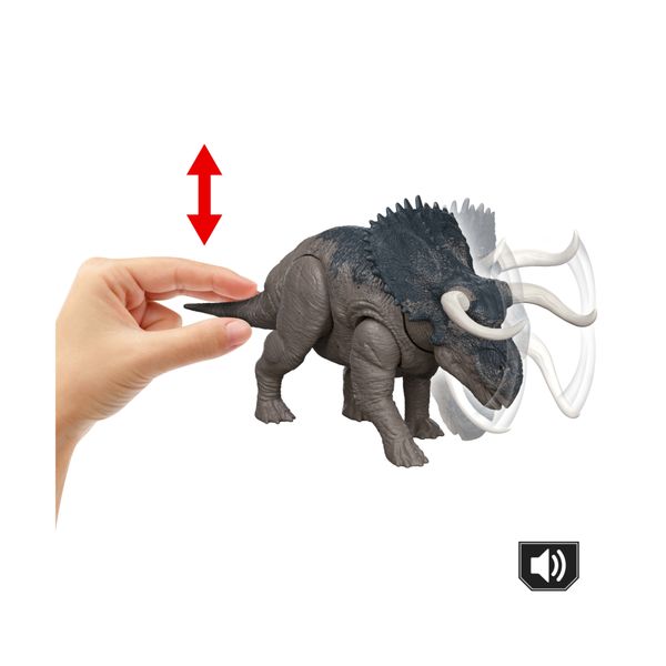 Mattel jurassic world - nasutoceratopo ruggito selvaggio jw - dinosauro snodato con suoni e attacco coda - Jurassic World