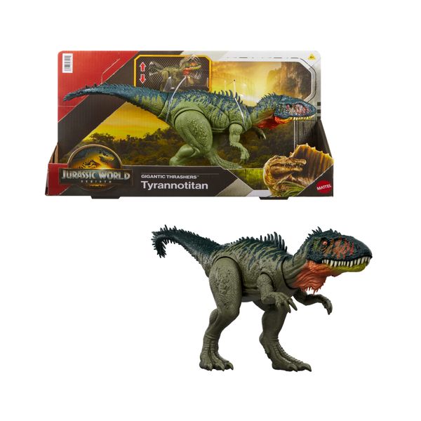 Mattel jurassic world - tirannotitano gigantic thrashers jw - dinosauro grande con 2 attacchi da coda - Jurassic World