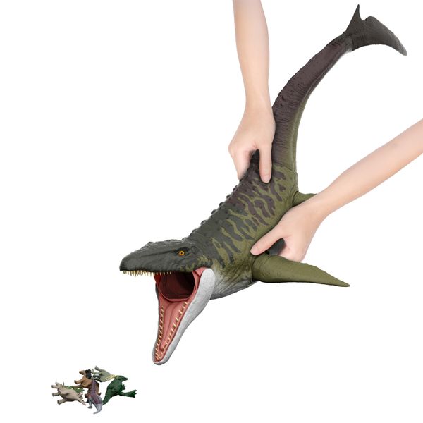 Mattel jurassic world la rinascita - mosasauro super colossale, enorme dinosauro snodato con due mosse d'attacco - Jurassic World