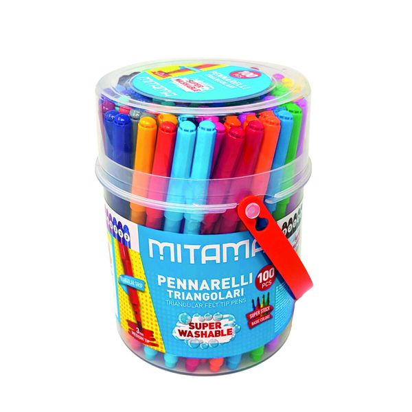 Pennarelli mitama super lavabili, presa triangolare., punta fine, barattolo da100 pezzi - MITAMA