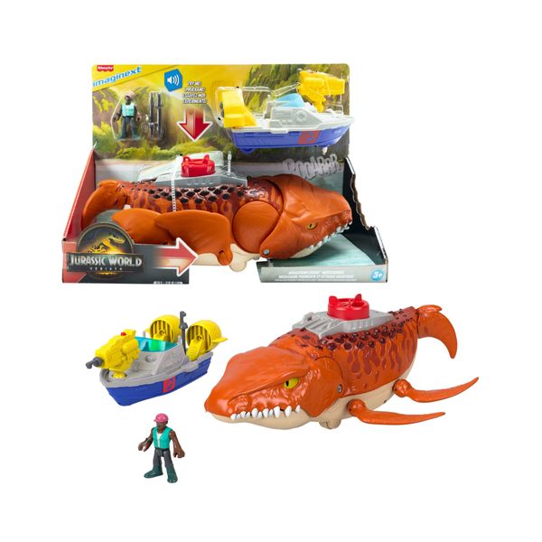 Imaginext jurassic world la rinascita - mosasauro acquatico, dinosauro e personaggio dal film, barca con lanciatore e proiettili - IMAGINEXT