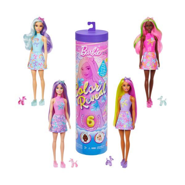 Barbie - color reveal assortita serie festa di compleanno, bambola effetto cambia colore con 6 accessori a sopresa e un mini palloncino - Barbie