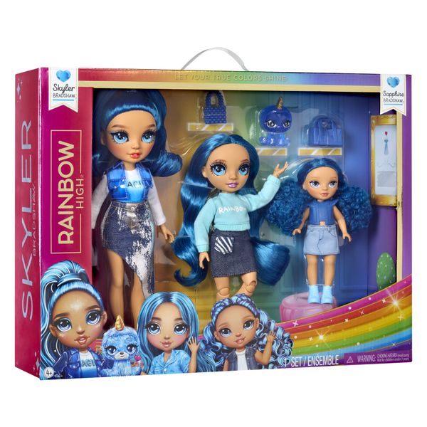 Rainbow high family skyler, confezione con 3 bambole snodabili in signature blue 28, 22 e 14 cm, borse bonus e animaletto magico - Rainbow High