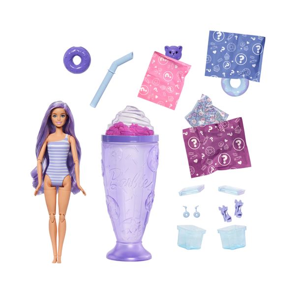 Barbie - pop reveal serie dolci sorprese assortito, bambola barbie profumata con cucciolo e 8 sorprese con effetto cambia colore - Barbie