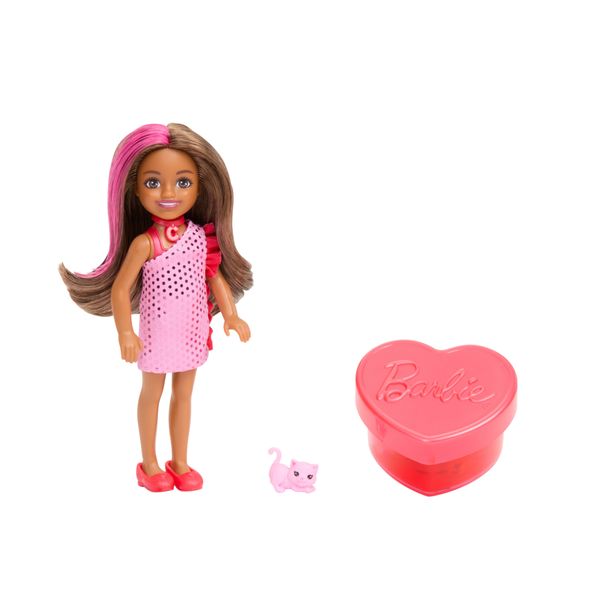 Barbie - chelsea party surprise assortita make-up party, set con bambola e un cucciolo, 6 sorpese con effetto cambia colore - Barbie