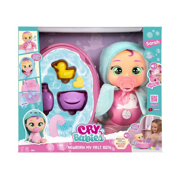 Cry babies sarah il mio primo bagnetto: neonata con asciugamano blu e 6 accessori, suoni e lacrime vere - 18+ mesi - CRY BABIES
