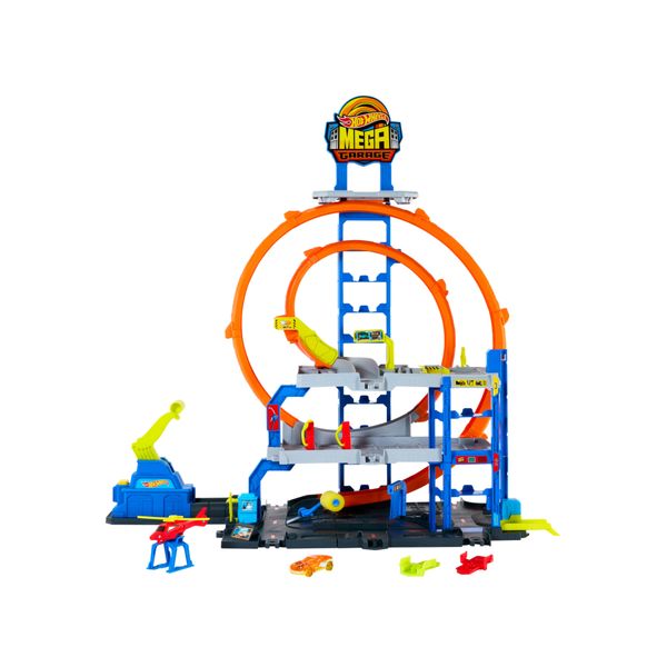 Hot wheels - mega garage, set pista con 3 livelli di gioco e 2 loop, macchinina, elicottero ed adattatori speed snap - Hot Wheels