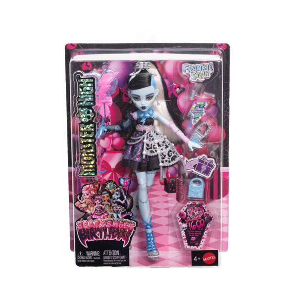 Monster high - frankie stein scary sweet birthday, bambola con abito da party nero e accessori a tema - Monster High