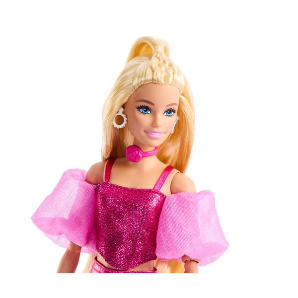 Barbie - deluxe style n. 5, bambola con abito rosa metallizzato e capelli biondi, top a corsetto scintillante e pantaloni lucidi - Barbie