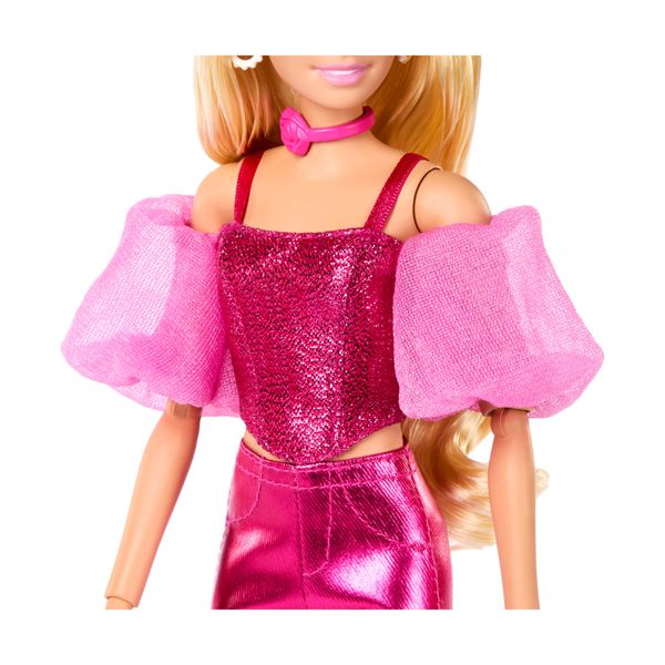 Barbie - deluxe style n. 5, bambola con abito rosa metallizzato e capelli biondi, top a corsetto scintillante e pantaloni lucidi - Barbie