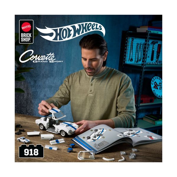 ​​mattel brick shop hot wheels - corvette grand sport serie elite, set da costruire con 918 pezzi, dettagli realistici e adesivi - BRICK SHOP, Hot Wheels