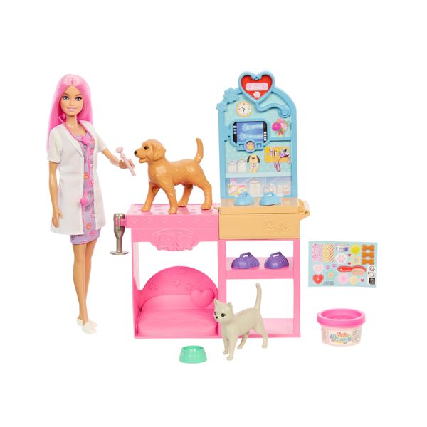 Barbie - clinica veterinaria di pronto soccorso, set con bambola, arredamento, pasta modellabile e 10 accessori - Barbie