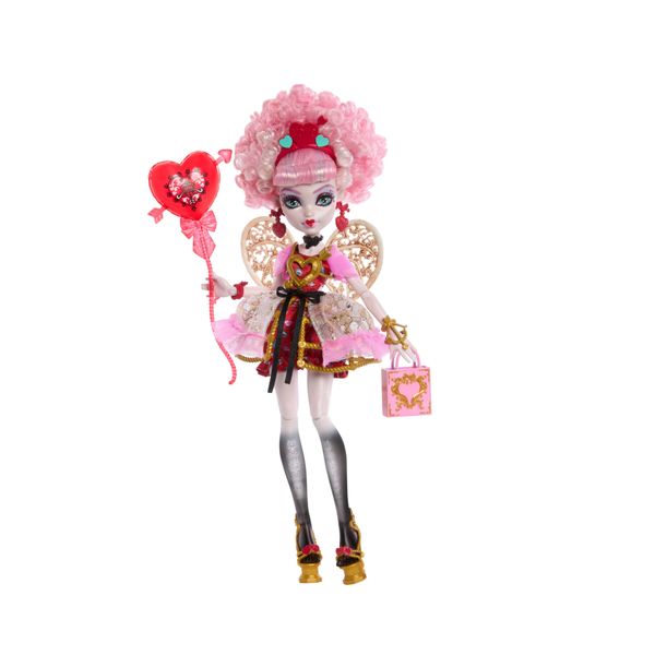 Monster high - cupid asteria scary sweet birthday, bambola con abito da party rosa e rosso e accessori a tema - Monster High