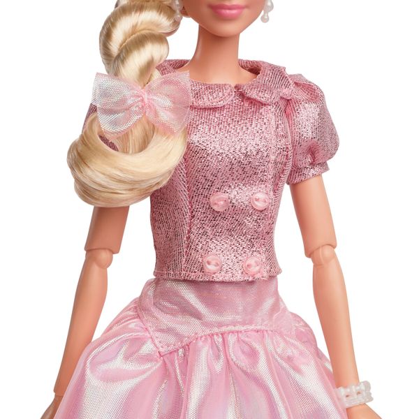 Barbie il film - margot robbie, bambola da collezione con camicetta e gonna tutù rosa, capelli acconciati e gioielli coordinati - Barbie