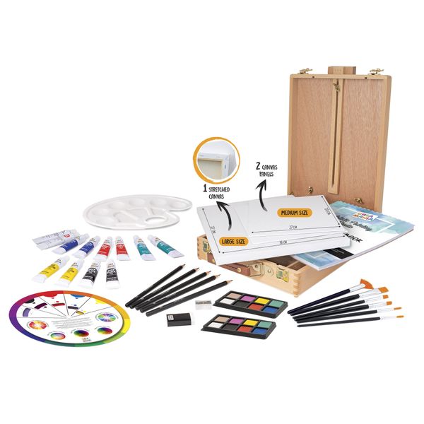 Set d’arte 2-in-1 con valigetta e cavalletto - pennelli e colori inclusi - 