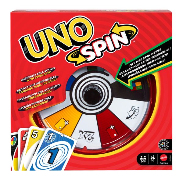 Mattel games - uno spin, versione dell'iconico gioco con spinner e nuove regole, carte speciali per girare la ruota con diversi comandi - UNO