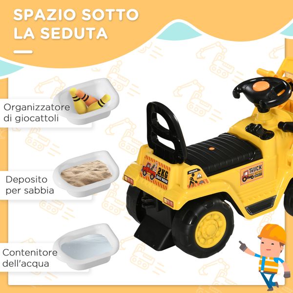 Escavatore per bambini 3-4 anni con pinza, pulsante per suoni e spazio portaoggetti, 83x27x39 cm, giallo e nero - 