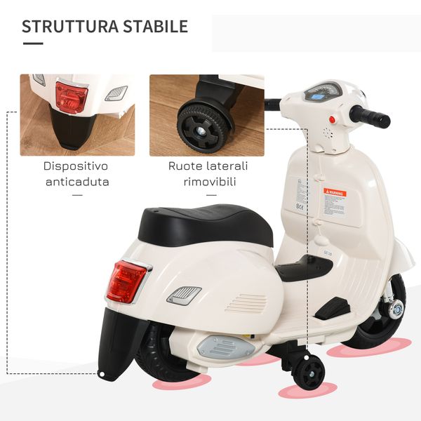 Moto elettrica per bambini con licenza ufficiale vespa batteria 6v, fari e clacson, per bimbi da 18-36 mesi, bianco, 66.5x38x52cm - 