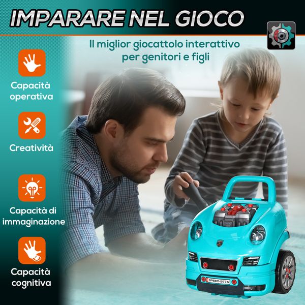Officina camion giocattolo per bambini 3-5 anni a 61 pezzi con maniglia, in abs e pp, 40x39x47 cm, nero e azzurro - 